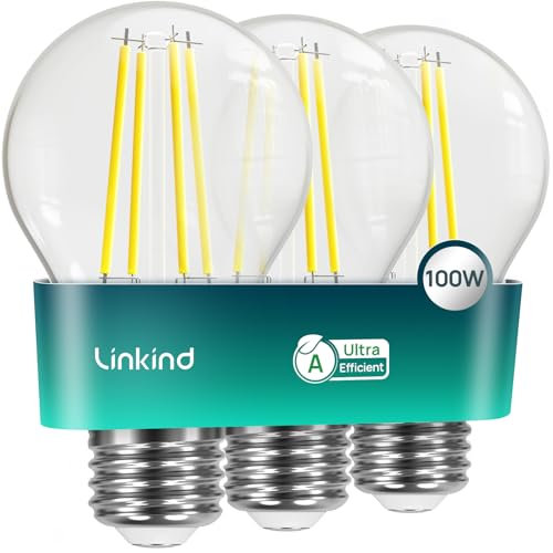 Linkind Ultraeffiziente E27 Lampe Vintage, 7,2W=100W, 2700K Warmweiß mit Energie Klasse-A, Nicht Dimmbar A60 Edison 1521 Lm, 320°Abstrahlwinkel, Energiesparlampe E27, Klar, 3 Stück