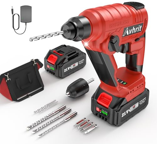Avhrit Marteau perforateur sans fil avec moteur sans balais, marteau perforateur avec 2 x 4.0 Ah batteries, perforateur 1.6 J SDS Plus, idéal pour la maison et les projets de bricolage