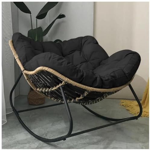 JiyYoar Oversized Outdoor Papasan Rocking Chair with Padded Cushion Comfy Patio Egg Rocking Chairs Modern Hand Woven Rattan Chair for Balcony Garden Porch (black)