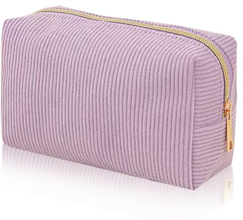 YONEEKSS Corduroy Makeup Bag Small Cosmetic Pouch for Handbag (Purple) | Gold tone zip, lined interior, compact box shape, handbag storage, cosmetics, toiletries, travel, daily organisation