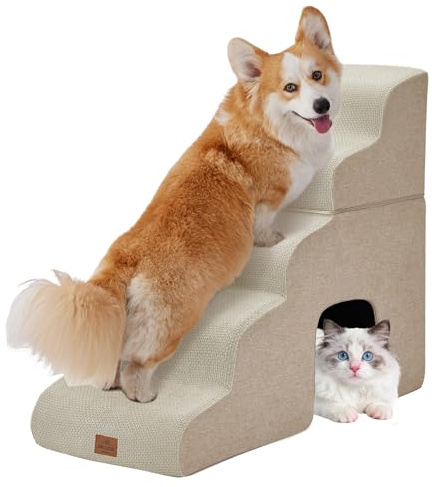 Joydeco Dog Stairs for Bed 29 H, 5-Step Pet Steps for Small Dogs and Cats, Dog Steps for High Bed, Non-Slip Balanced Ramp Indoor Pet Stairs, Beige