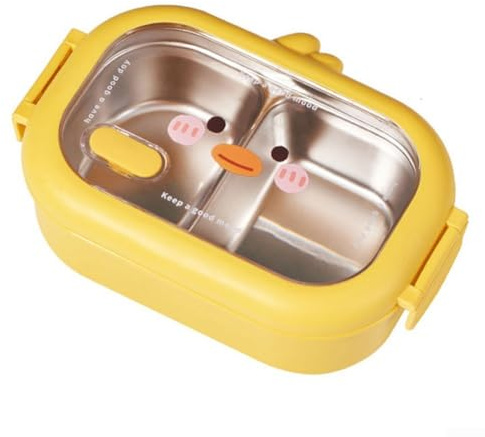 Lunchlåda i rostfritt stål 1 000 ml, 2 fack läckagesäker barnmatbehållare med tecknad anka design, för pojkar flickor, gul