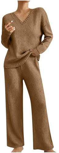 Generisch Set da donna autunnale a due pezzi – maglione a maglia + pantaloni lunghi, perfetto per le vacanze, viaggi, uso quotidiano, comodo casual, grafico, abbigliamento casual, caffè, L