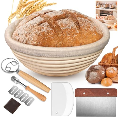 Sourdough Starter Kit 6 PCS, 9 Round Natural Rattan Banneton Proofing Basket Gift Set with Linen Cover – Bread Baking Accessories Includes Plastic Scraper, Dough Cutter, Scoring Lame, Dough Whisk