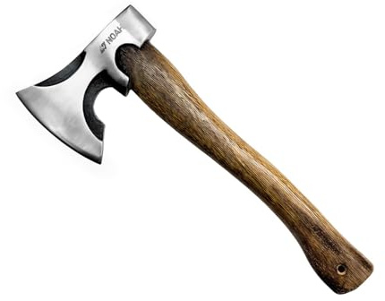 N NOAH Camping Hatchet, 13.4” Forged Survival Axe with #45 Carbon Steel, Hand Sharpened, Carbonized Oak Handle & Double-Wedge Joint, Ideal Backpack Hatchet for Kindling and Garden Tasks