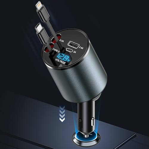 Caricabatteria da auto per accendisigari USB C 4 in 1 56W - Caricabatterie per auto con 2 cavi retraibili (Tipo C, Lightning), adattatore USB per accendisigari con visualizzazione tensione, rotazione