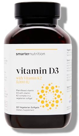 SMARTERNUTRITION Vegan Vitamin D3 5000 IU + Natural Vitamin K2 1100 mcg in Organic Coconut & Olive Oil - D3 K2 Supplement for Immune & Bone Support - 60 Softgels[30 Day Supply]