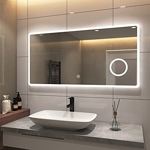 S'AFIELINA Miroir de Salle de Bain LED 60×120×3,5 cm, Miroir avec Interrupteur Tactile, lumière Blanche Froide 6500K, grossissement x3, Fonction mémoire, IP44, économe en énergie, Installation Facile