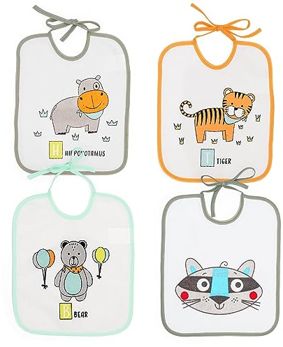 Ti TIN Lot de 4 bavoirs imperméables pour bébés 73 % coton 27 % polyester Doublure vinyle Bavoirs avec fermeture avec sangles pour bébés de 6 à 18 mois
