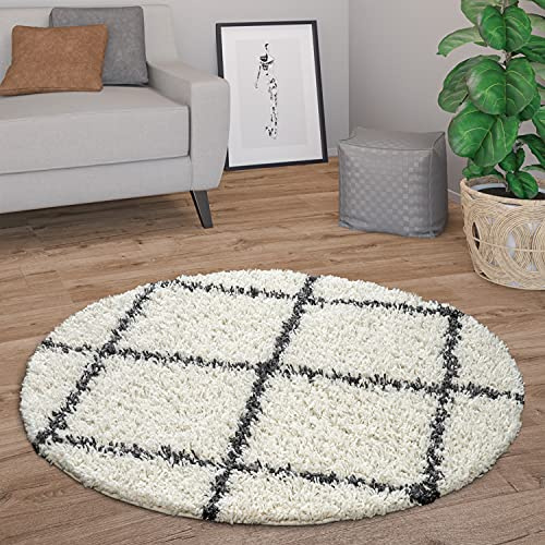 Paco Home Hochflor Teppich Rund Wohnzimmer Schlafzimmer Modern Shaggy Skandinavisch Kleine Rauten, Grösse:200 cm Rund, Farbe:Creme