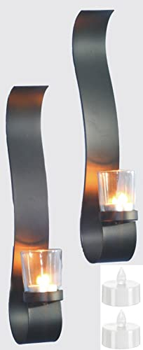 Novaliv 2X Wandkerzenhalter + 2X LED Teelichter 10 x 34,5 x 5,2 cm Schwarz LED Kerze Teelichterhalter aus Metall mit Glas Kerzenhalter Dekoration Wanddeko Vintage Deko Teelicht LED Licht Wandhalter