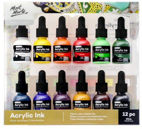 Mont Marte Acryltusche Superior, 12pc x 20ml, Essential Colors, Für feine Details und Farbwaschungen, ideal für Airbrush, Gießkunst, Scrapbooking und Tuschezeichnen