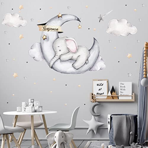WANDKIND Elefant auf dem Mond mit Wunschname V329 Wandtattoo Kinderzimmer | handgezeichnet | AUFKLEBER Kindergarten | Wandsticker Babyzimmer, Kinderzimmer Elefant, Mond, Wolke, Sterne (40 x 40 cm)