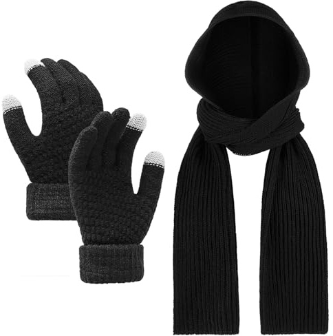 Chuarry 2 Pcs Winter Hooded Scarf and Touch Screen Gloves Set, Black