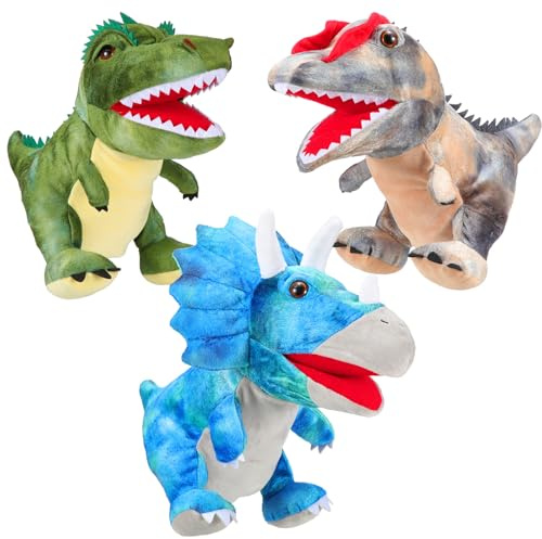 Silipull 3 Pieces Dinosaur Hand Puppets 12 Inch Plush Stuffed Animals Puppet Dinosaur Soft Toys for Animal Storytelling, Teaching, Preschool, Role Play (Tyrannosaurus, Triceratops, Dilophosaurus)