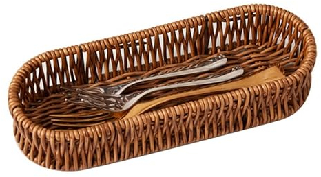 Wnvivi Imitation Rattan Utensil Holder,Handmade Wicker Woven Kitchen Cutlery Storage Tray,Kitchen Utensil Organizer for Home Restaurant