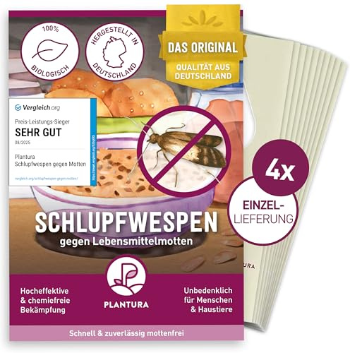 Plantura Schlupfwespen gegen Lebensmittelmotten, 4 Karten à 1 Lieferung | Einzellieferung als Ergänzung, hochwirksame Bekämpfung mit Nützlingen, Alternative zu Mottenkugeln