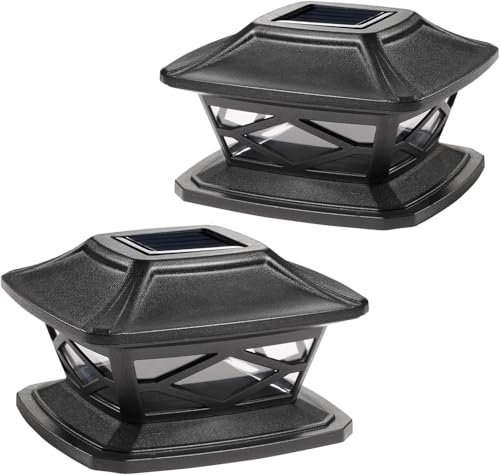 Greenfields Pack of 2 Solar LED Post Lights - Outdoor Garden IP65 Waterproof Square Landscape Black Post Cap - Solar Powered Lamp for Patio Fence Deck Fits 4x4, 5x5, 6x6 Inch Wooden Posts