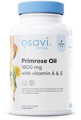 Osavi - Primrose Oil mit Vitamin A & E | 1800 mg Nachtkerzenöl pro Portion - Für Haut, Balance und antioxidativen Zellschutz | 90 Softgels