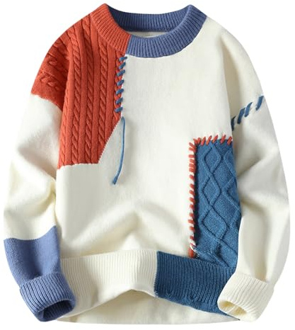 Gurunvani Patchwork Sweater for Men, Colorblock Pullover, Cable Knit Sweater, Plus Size, Sunset Chevron Orange/Evening Red, XL