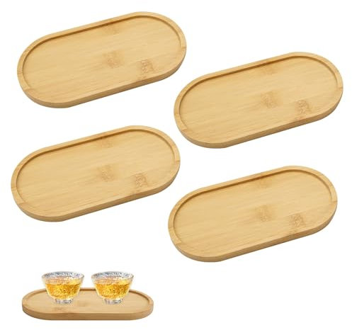 EXIN DEHCEN 4 bandejas ovaladas de madera de bambú, pequeñas bandejas ovaladas, posavasos pequeños ovalados, mini bandeja de bambú ovalada, bandeja decorativa de madera, pequeñas bandejas para pan