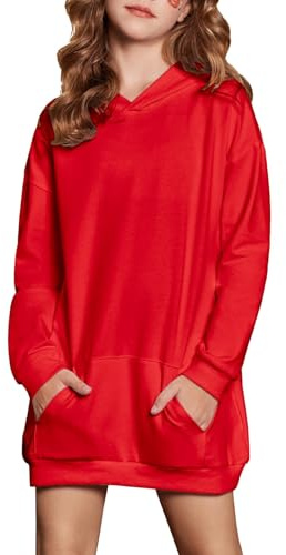 Arshiner Ragazza Felpe con Cappuccio Vestito Bambine Maniche Lunghe Moda Casual Hoodie Autunno Inverno Elegante Felpa con Cappuccio per Ragazze 13-14 Anni Rosso