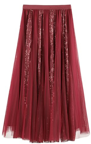 SPFASZEIV Jupe en Tulle Femme Longue Paillettes Jupe Éclatante Élastique Taille A Ligne Midi Jupes Halloween Carnaval Costume Taille Unique Rouge