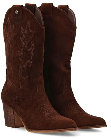 Bota Campera con Tacon, Comodas, Bordado en Cana y Empeine, Estilo Vaquero Cierre de Cremallera, Ideales Otono Invierno