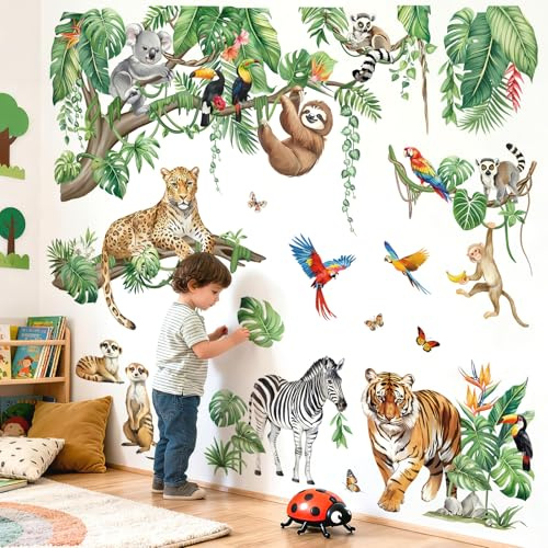 decalmile Stickers Muraux XXL Animaux de Jungle Autocollant Mural Feuilles