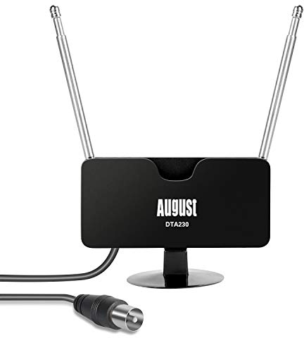 August DTA230 - Antenne TV Intérieur TNT HD Puissante et Portative - Réception sur Télévision Décodeur TNT Radio Dab avec Double Tige Extensibles UHF Mini Discrète - 2m de câble + Ventouse pour vitre