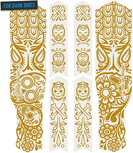 Riesel Design - „Chain:Tape 3000“ Fahrrad Kettenschutz - Stylische Fahrrad Schutzfolie 6 Selbstklebende Shapes/MTB Kettenschutz für den gesamten Hinterbau - Los Muertos Gold