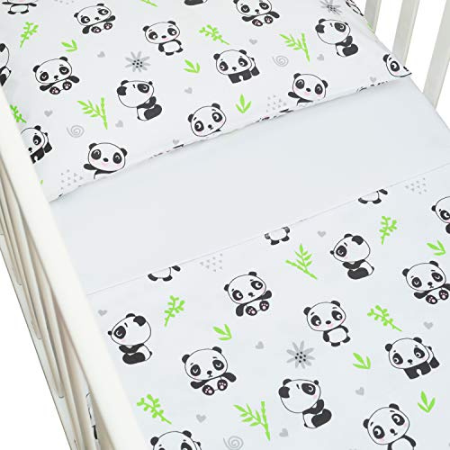 CangooCare® Set Lenzuola 3 Pezzi Per Lettino Neonato, Montessori, 70x140 cm, 1 Lenzuolo Di Sotto Con Angoli, 1 Lenzuolo Di Sopra, 1 Federa Cuscino, 100% Cotone, Panda