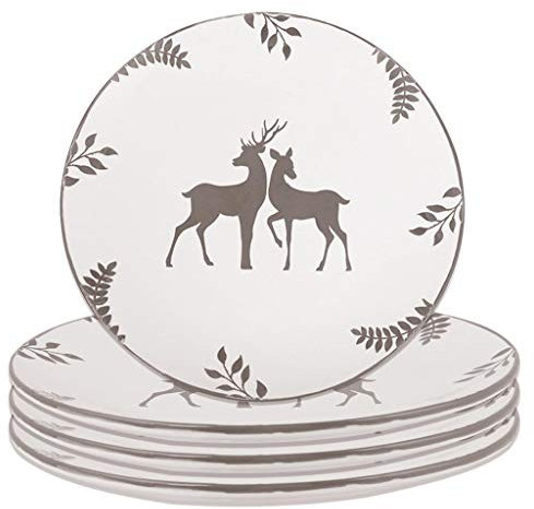 Set of 4 Dinner Plates - Hand Painted Grey & White Reindeer Stoneware Crockery Dishwasher & Microwave Safe Christmas Reindeer Dinnerware Set