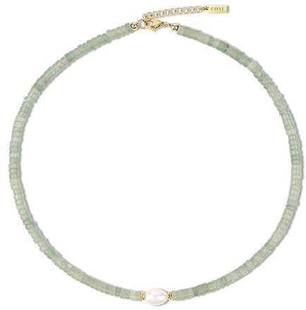 COAI Collana da Donna con Perline Heishi di Avventurina Verde e Perla Coltivata di Acqua Dolce, Collana Avventurina Verde da Donna
