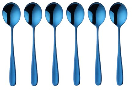 SBOMHS Matsked müslisked 18/10 rostfritt stål soppskedar 6 st. menyskedar längd 17,5 cm bred 4,5 cm bordssked soppsked för gröt dessertsked soppsked (blå)