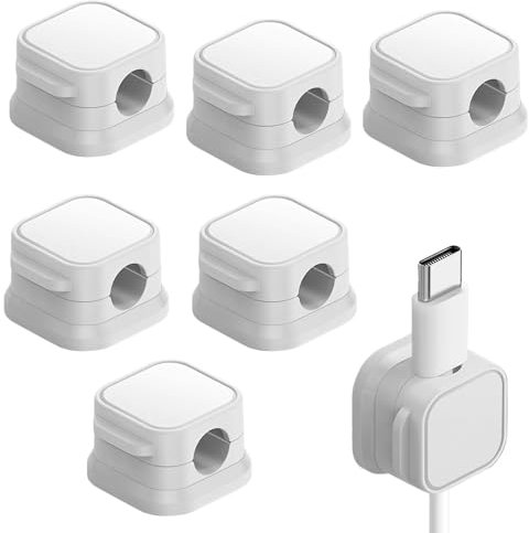Lot de 6 supports de câbles autocollants - Organisateur de câbles magnétique - Gestion des câbles - Pour voiture, bureau, table de chevet, câbles de charge, HDMI, USB, audio - Blanc