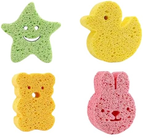 EYVRPAU Esponja Baño Bebe, 4PCS Baño Niños, Ducha Niños, Konjac para el Baño del Bebé, Hidrófilas para Bebés, Bebe Recien Nacido, Natural Bebe, Linda Forma, Herramientas de Baño para Niños
