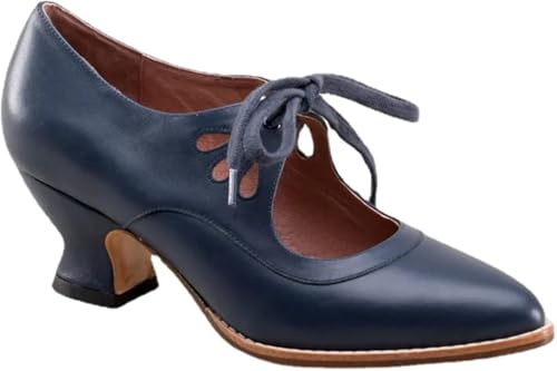 Women's Mary Jane Pumps Vintage Chunky Heel Lace Up High Heel Ladies Hollow Pointed Toe Dress Shoes for Daily(Azul,6.5 UK)