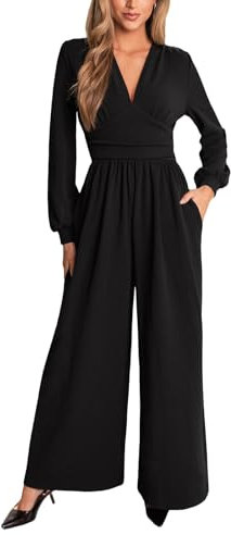 CUPSHE Damen Jumpsuit Tiefer V-Ausschnitt Overall Lange Puffärmel Weites Bein Playsuit Elegant Lässig Büro Hosenanzug Schwarz M