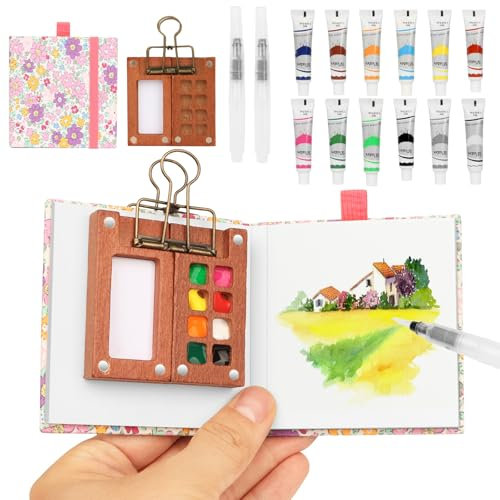 Set de Mini Acuarelas Portátil，Mini Set de Acuarelas con Cuaderno y Pintura, Paleta de Pintura de Acuarela de 12 Colores con Bolígrafo para Pintores, Artistas, Estudiantes
