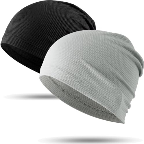 WTACTFUL Cooling Skull Cap for Men Breathable Sweat Hat Running Caps Skull Caps Thin Slouchy Beanie for Cycling Motorcycle Football Workout Helmet Hard Hat Liner Summer Sport 2-Pack Black Light Grey