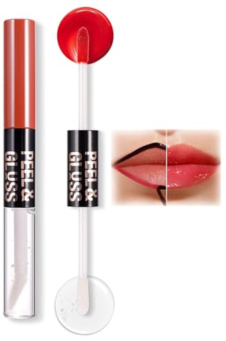 Dewy Rose Lip Stain Peel Off & Lip Gloss Oil Dual-Ended Combo, Waterproof and Transfer Proof Pink Lip Liner Stain Peel Off Tattoo, Long Lasting Lips Tint Stain with Lip Oil for Women （02#）
