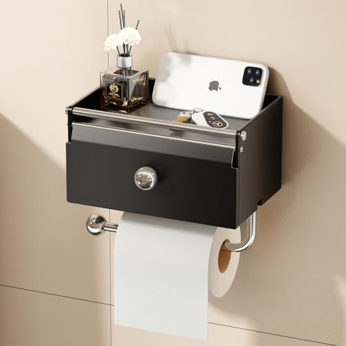 Voldra Toilet Roll Holder Wall Mounted, Stick on Toilet Paper Holder with Shelf No Drill Bathroom Loo Roll Holder Storage Self Adhesive Tissue Holder Toilet Roll Rack Front flip Design (Matte Black)