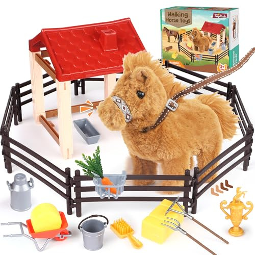 Tacobear Walking Horse Toy for Kids Aged 3-8, Interactive Plush Pony with Fence & Stable Playset, Electronic Pet Makes Sounds & Wags Tail, Pretend Play Toys Birthday Farm Gift for Boys Girls