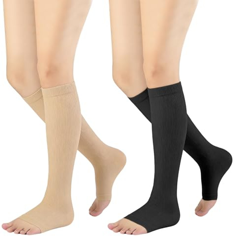 ELNX 2 pares de calcetines de compresión sin punta, calcetines para mujeres y hombres, soporte de pantorrilla para correr, viajar, trabajar (S-M, Negro + Nude)