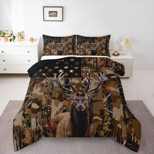 Loussiesd Hjortjakt kamo barnsängkläder set flagga täcke set king size western bondgård för barn pojkar flickor sovrum djurliv dekor mikrofiber ultramjuk andningsbar
