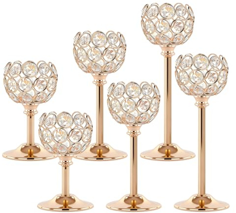 Oakernel Gold Crystal Tealight Candle Holders Set of 6 (2 Sets) - Tall Bling Bowl Candelabra Centerpieces for Dining Table, Wedding, Party & Fireplace Mantel Decor