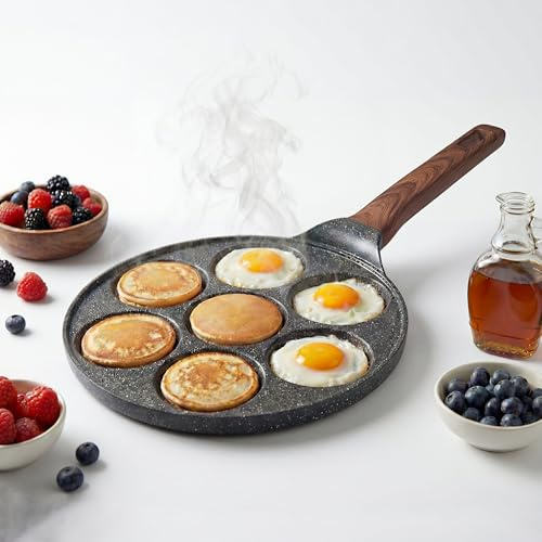 C'est Home pannkakspanna non-stick induktion kompatibel 7 hål mini pannkakstillverkare trähandtag crepanna för stekning ägg Uthappam Dosa