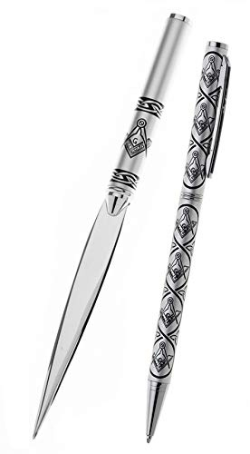 Ensemble de stylos et ouvre-lettres avec motif maçonnique et boîte cadeau