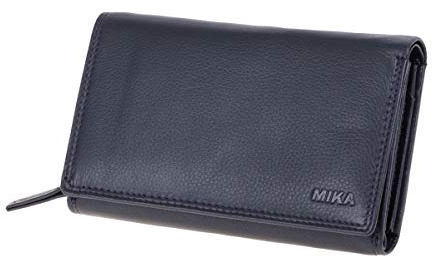 MIKA 42166 - Damengeldbörse aus Echt Leder, Portemonnaie im Querformat, Geldbeutel mit 12 + 4 Kartenfächer, Netzfach, Scheinfach und doppeltes Münzfach, Brieftasche in blau, ca. 15 x 10,5 x 4,5 cm